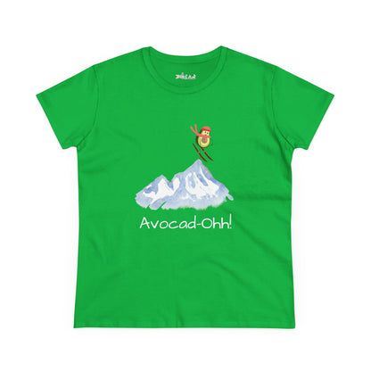 Green avocado graphic tee women with skiing avocado and mountain design by Printify