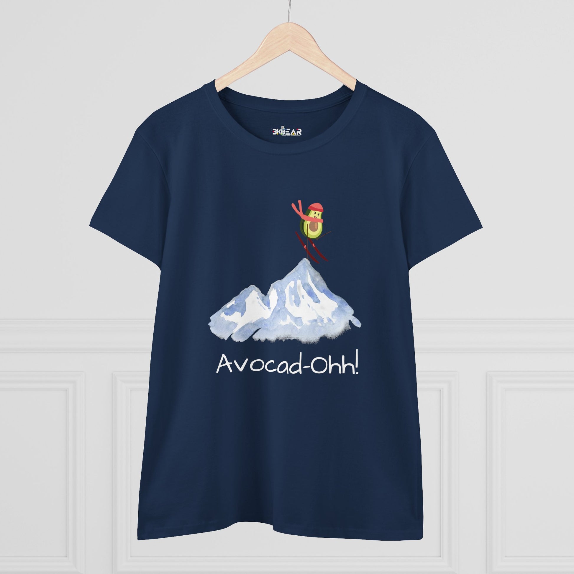 Navy blue avocado graphic tee women featuring a skiing avocado and mountain design with Avocad-Ohh text