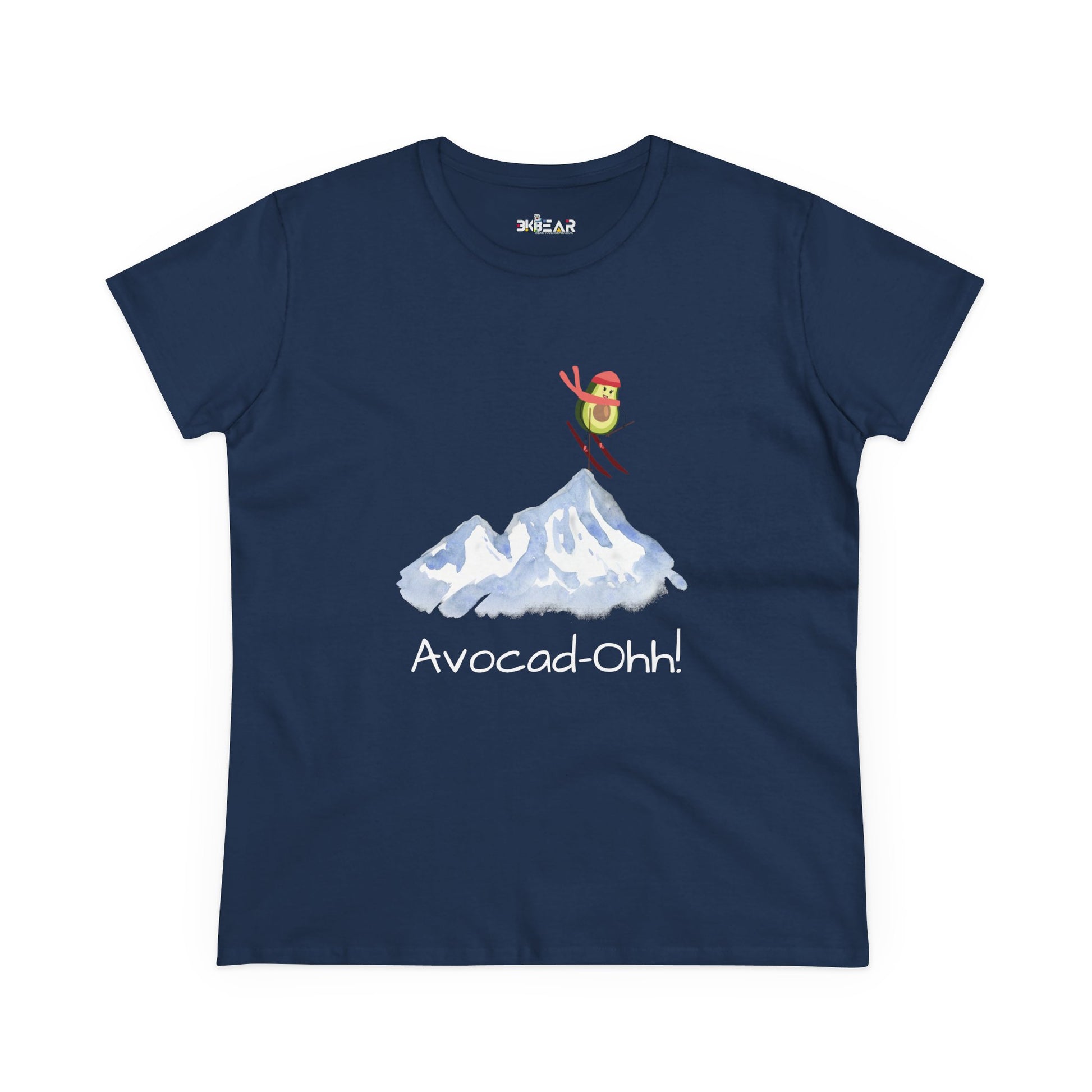 Navy Printify t-shirt featuring a skiing avocado graphic and Avocad-Ohh text avocado graphic tee women