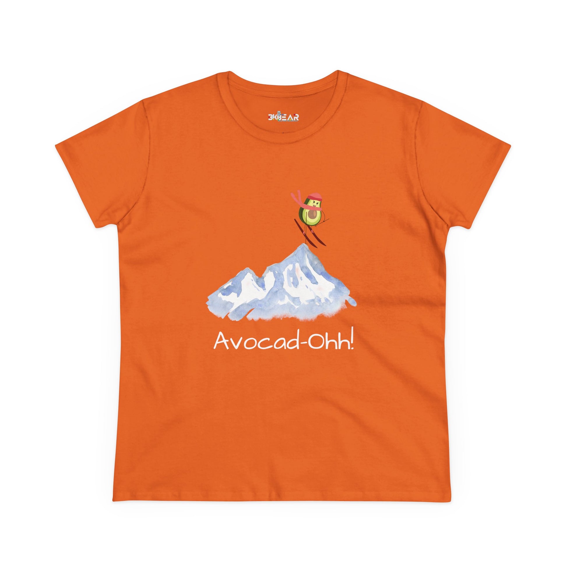Orange avocado graphic tee women with skiing avocado and mountain design by Printify