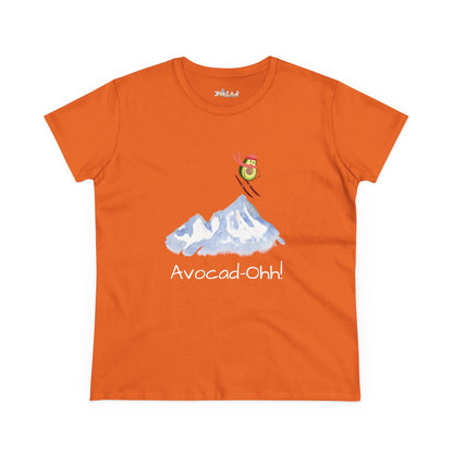 Orange avocado graphic tee women with skiing avocado and mountain design by Printify