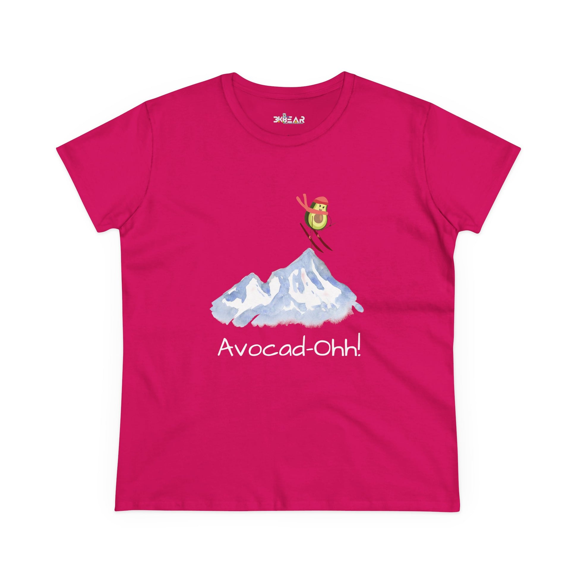 Printify pink avocado graphic tee women with skiing avocado and mountain design