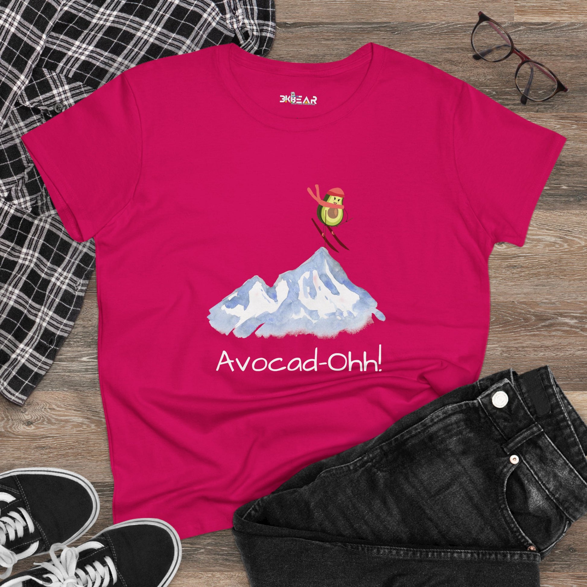 Printify pink avocado graphic tee women with skiing avocado design and Avocad-Ohh text