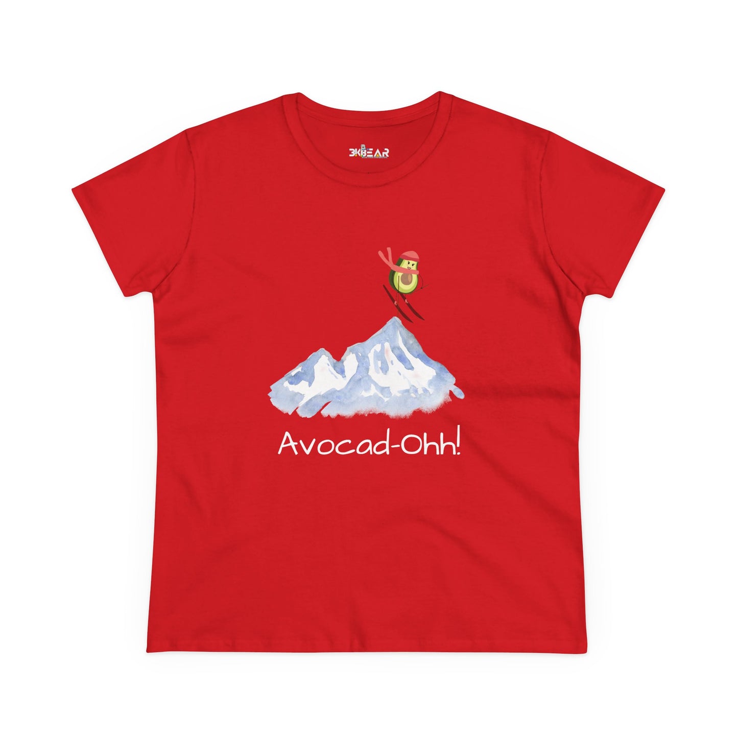 Red avocado graphic tee women with skiing avocado and mountain design from Printify
