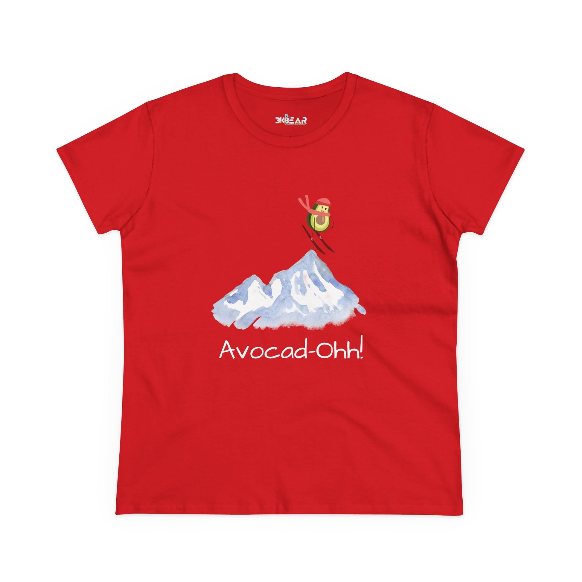 Red avocado graphic tee women with skiing avocado and mountain design from Printify