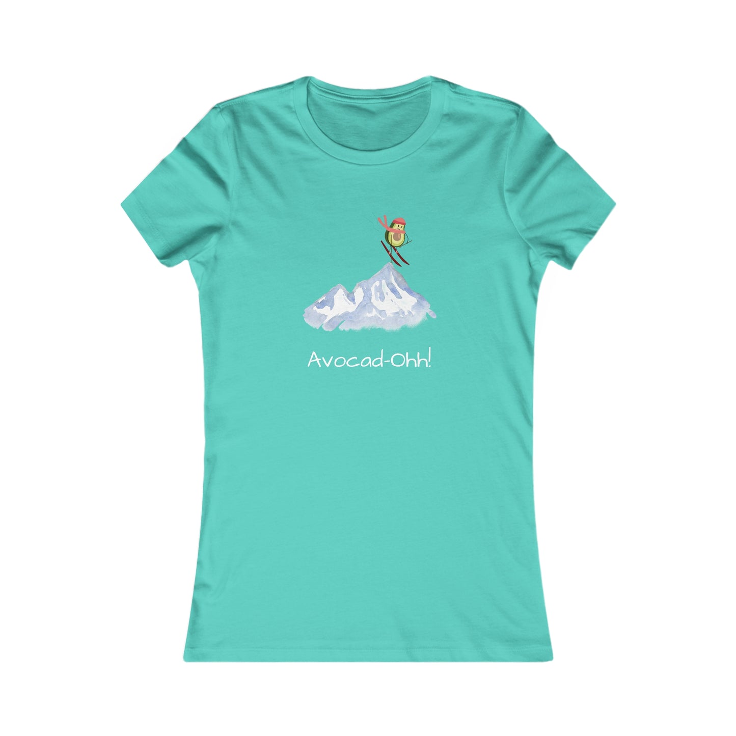 Turquoise avocado lover graphic tee with skiing avocado illustration and Avocad-Ohh text