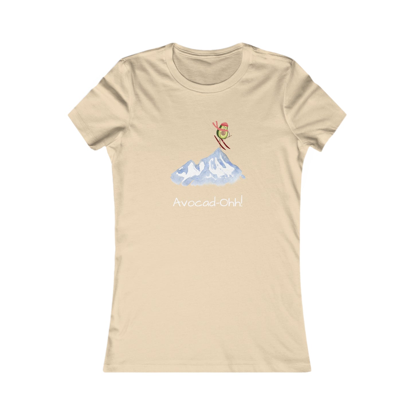 Beige Printify avocado lover graphic tee with skiing avocado design and Avoca-ohh text