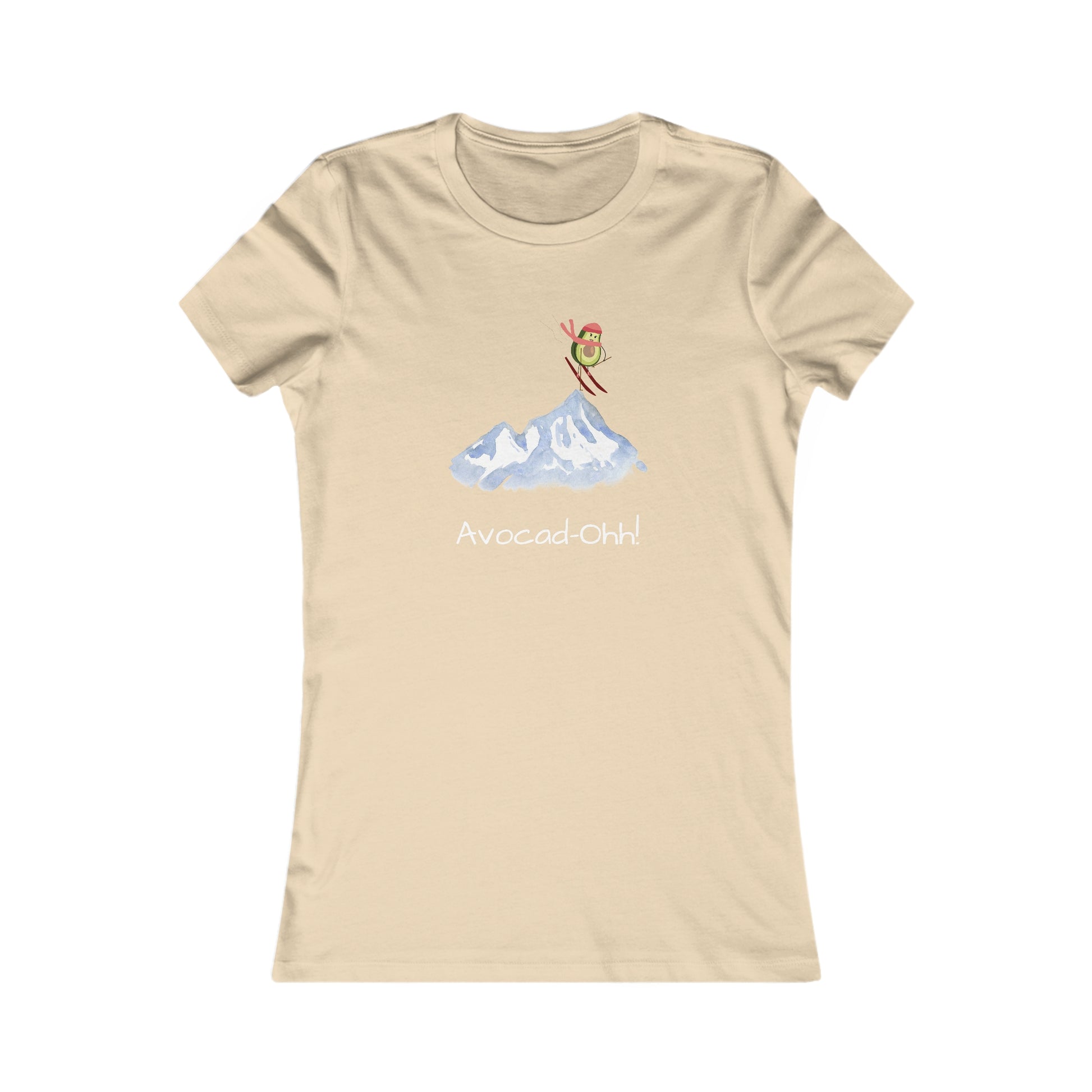 Beige Printify avocado lover graphic tee with skiing avocado design and Avoca-ohh text