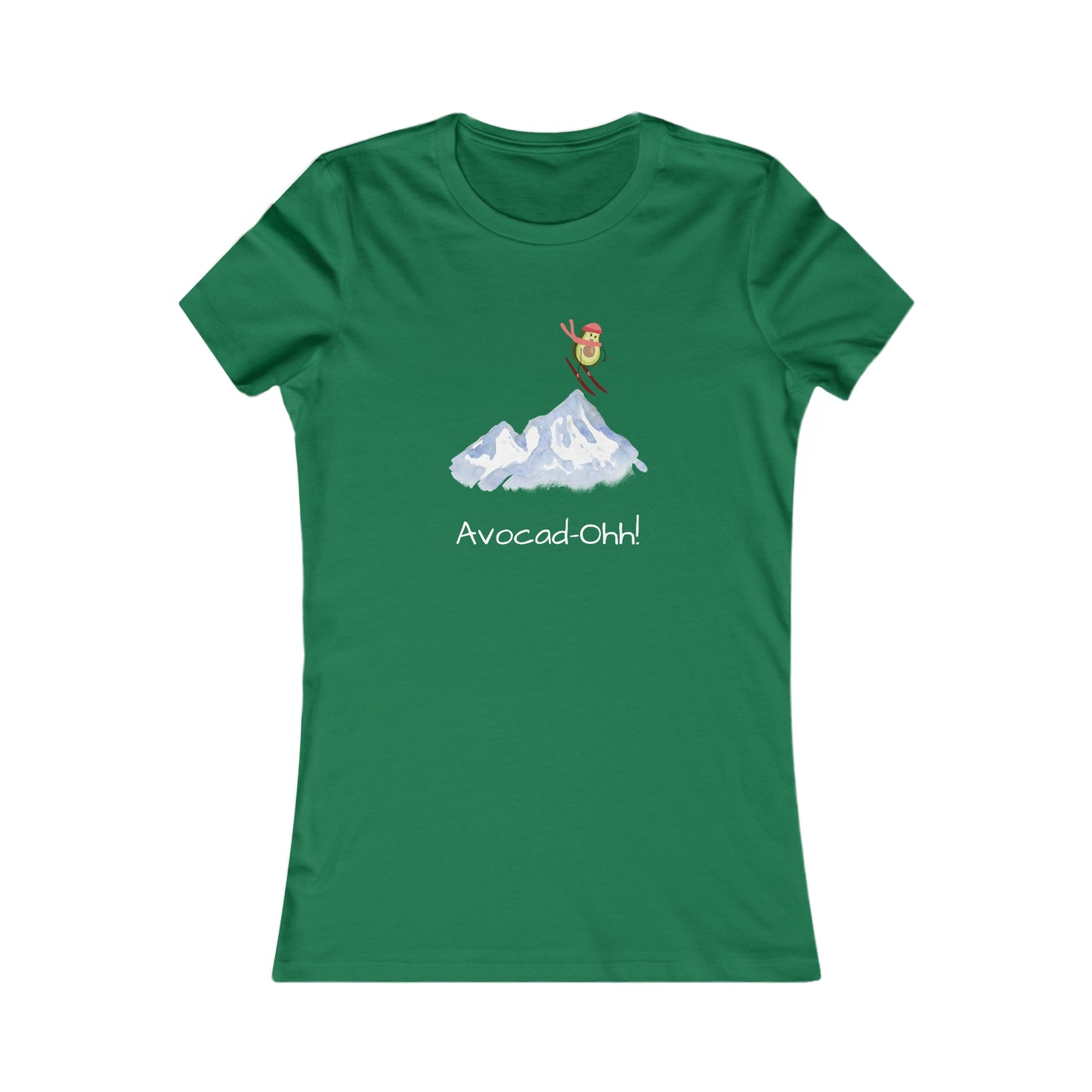 Green Printify avocado lover graphic tee with skiing avocado and Avocad-Ohh text
