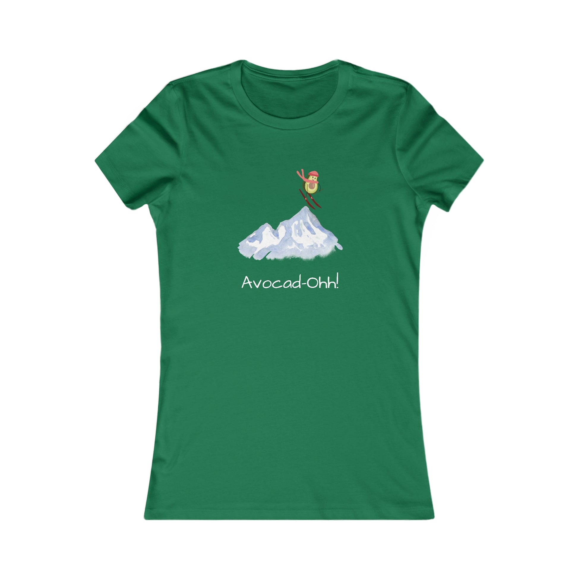 Green Printify avocado lover graphic tee with skiing avocado and Avocad-Ohh text
