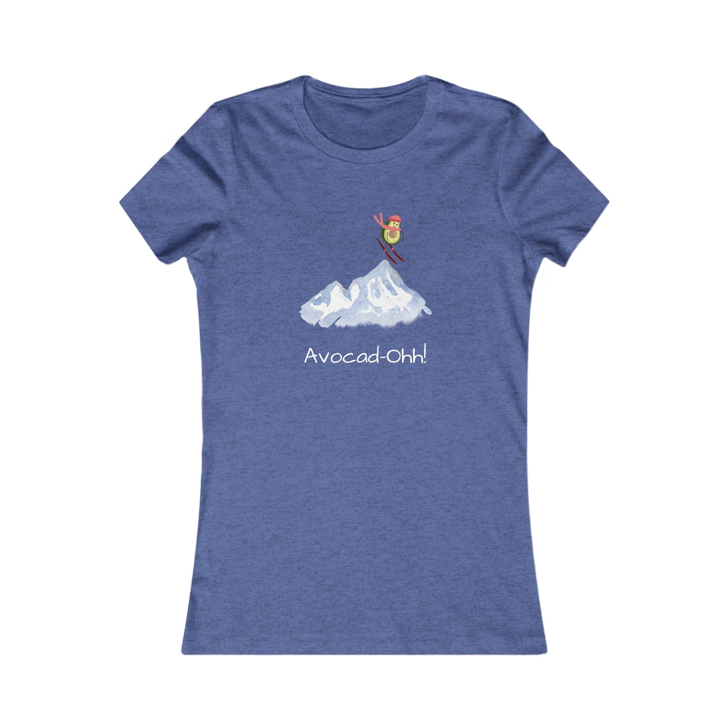 Blue Printify t-shirt with avocado lover graphic tee featuring skiing avocado and mountain design