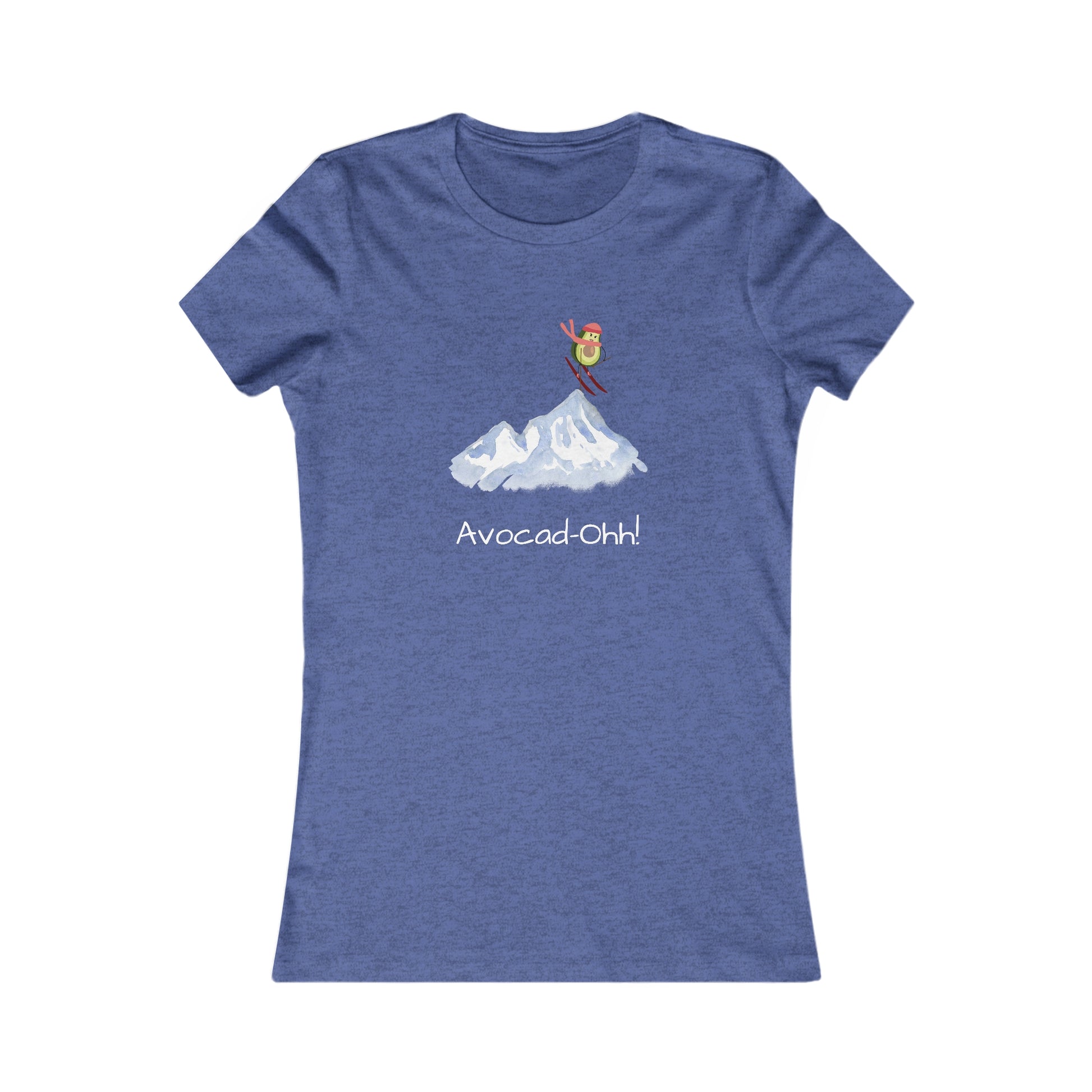Blue Printify t-shirt with avocado lover graphic tee featuring skiing avocado and mountain design