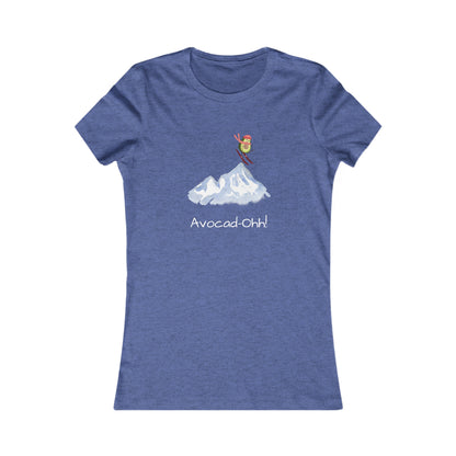 Blue Printify t-shirt with avocado lover graphic tee featuring skiing avocado and mountain design