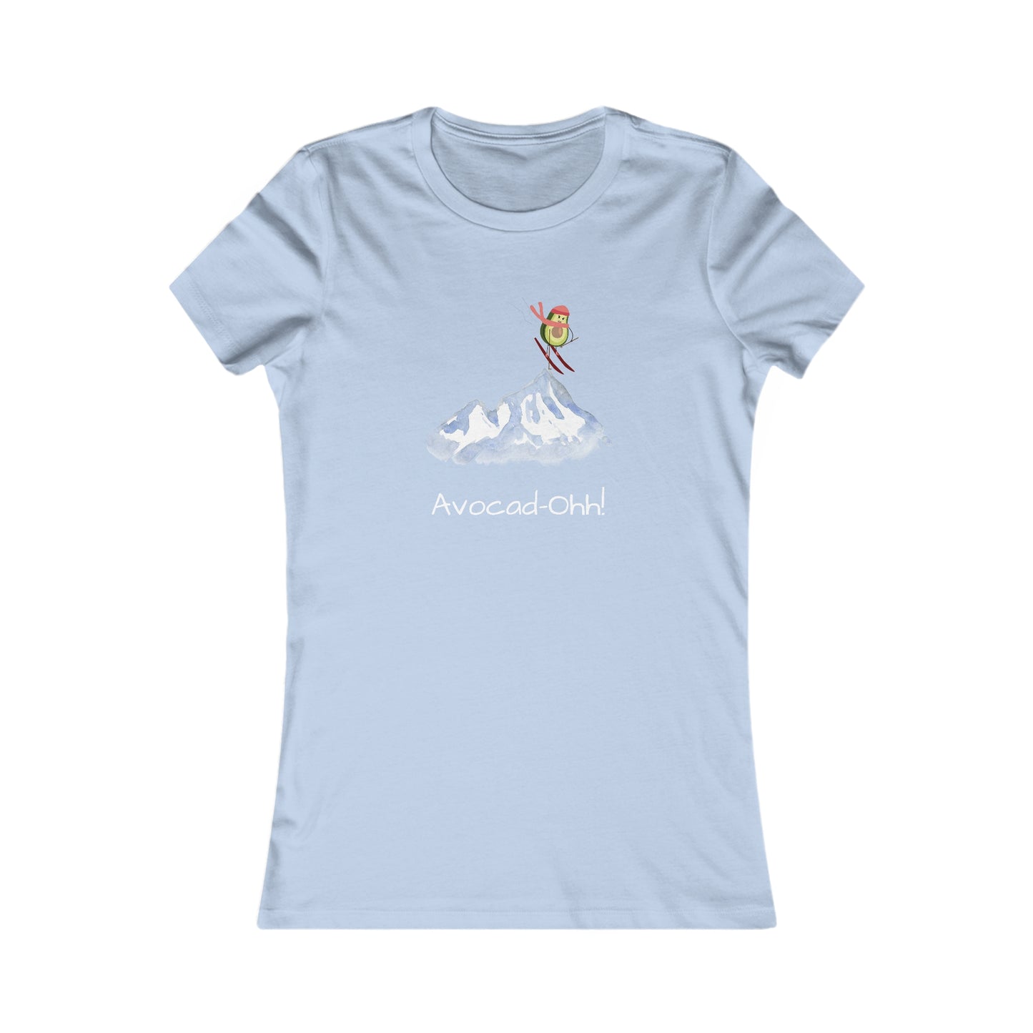 Light blue Printify t-shirt with avocado lover graphic tee design featuring skiing avocado and text Avocad-Ohh