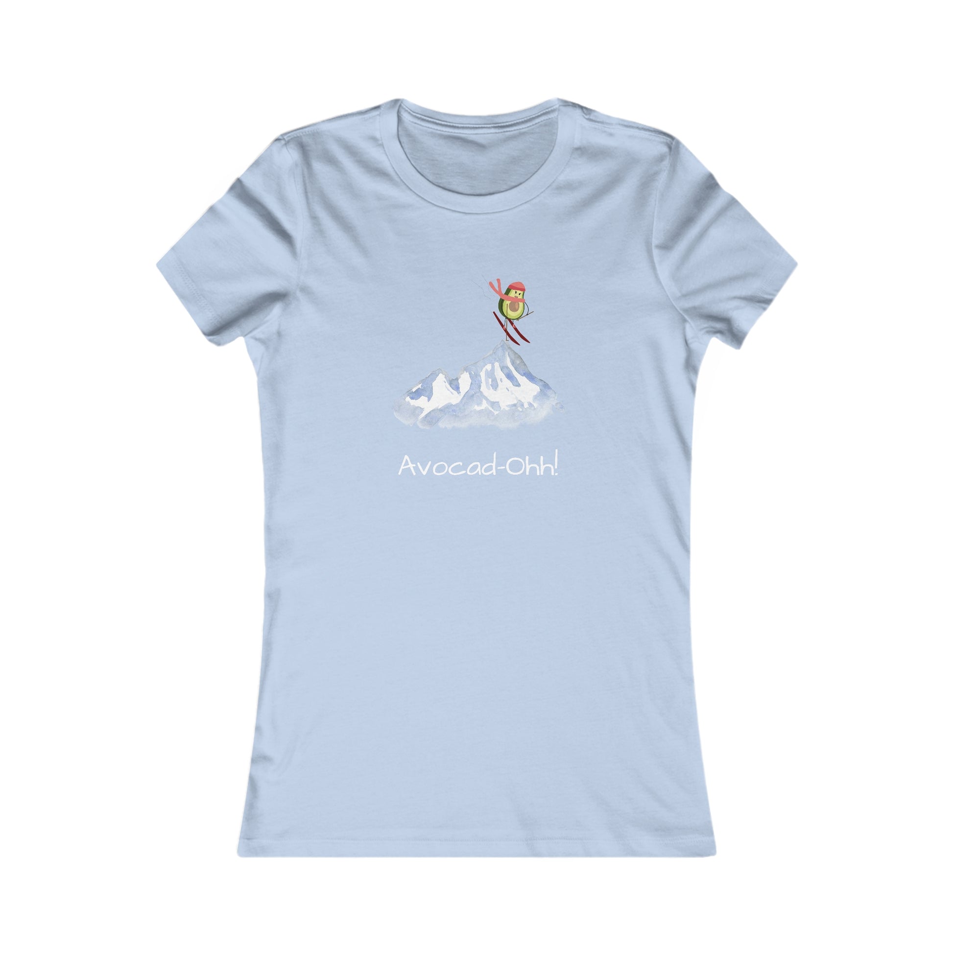 Light blue Printify t-shirt with avocado lover graphic tee design featuring skiing avocado and text Avocad-Ohh