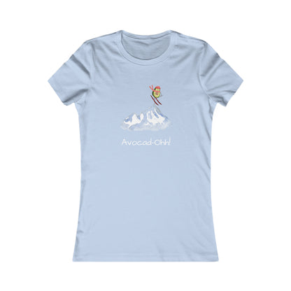 Light blue Printify t-shirt with avocado lover graphic tee design featuring skiing avocado and text Avocad-Ohh