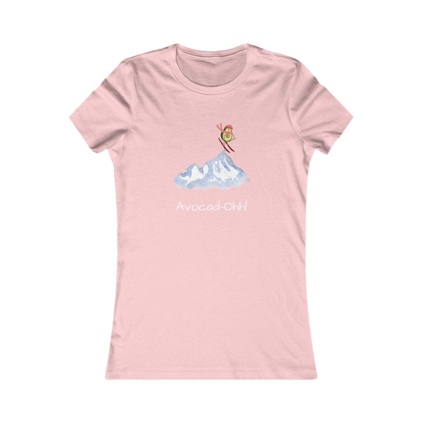 Pink Printify t-shirt featuring an avocado lover graphic tee with skiing avocado and mountain design