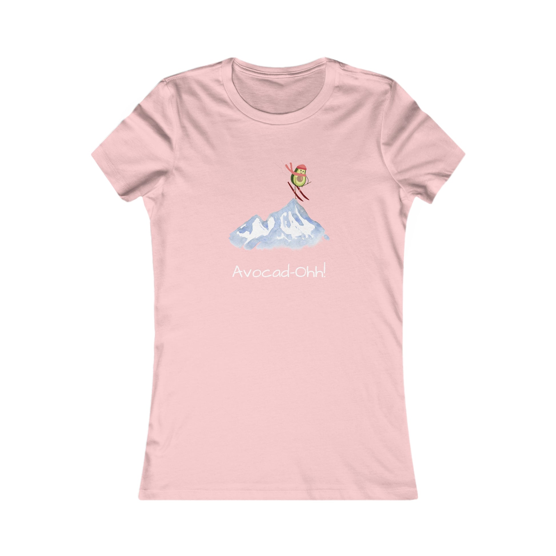 Pink Printify t-shirt featuring an avocado lover graphic tee with skiing avocado and mountain design