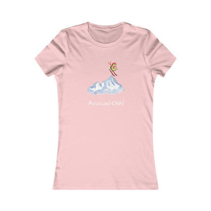 Pink Printify t-shirt featuring an avocado lover graphic tee with skiing avocado and mountain design