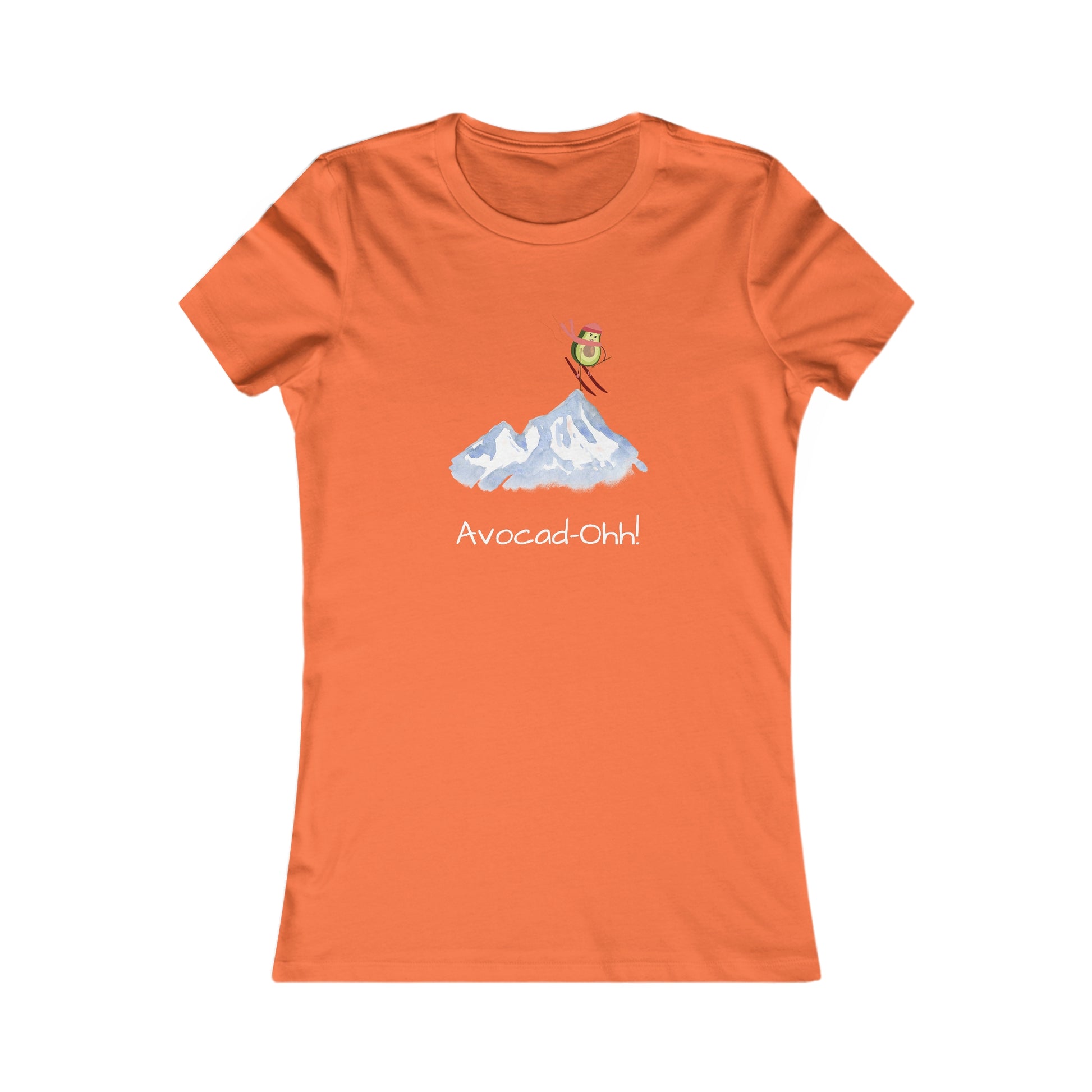 Orange Printify t-shirt with avocado lover graphic tee design featuring an avocado skiing on mountains