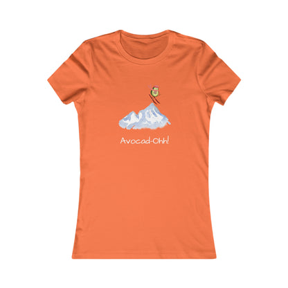 Orange Printify t-shirt with avocado lover graphic tee design featuring an avocado skiing on mountains