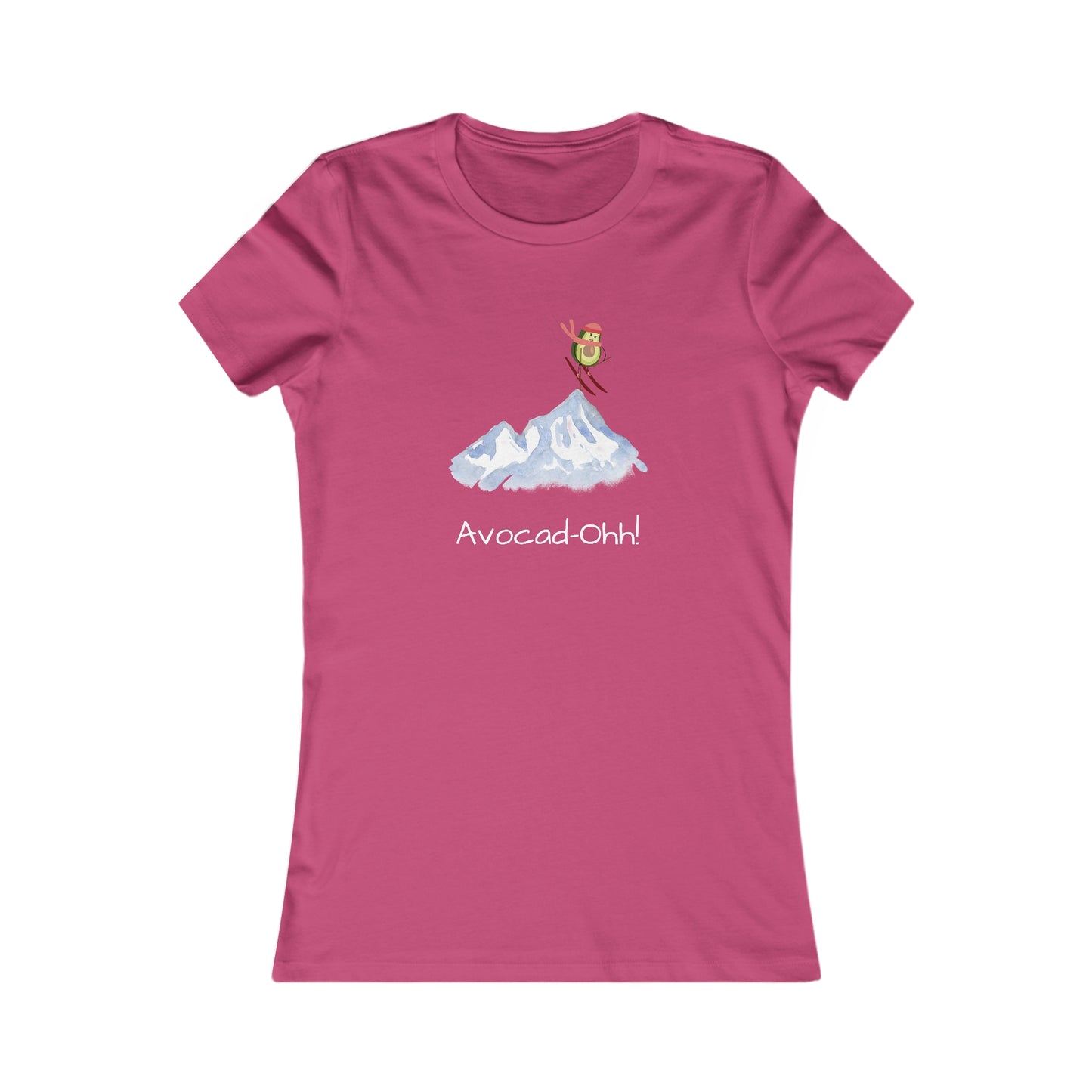 Pink Printify t-shirt featuring avocado lover graphic tee with avocado jumping over mountains design