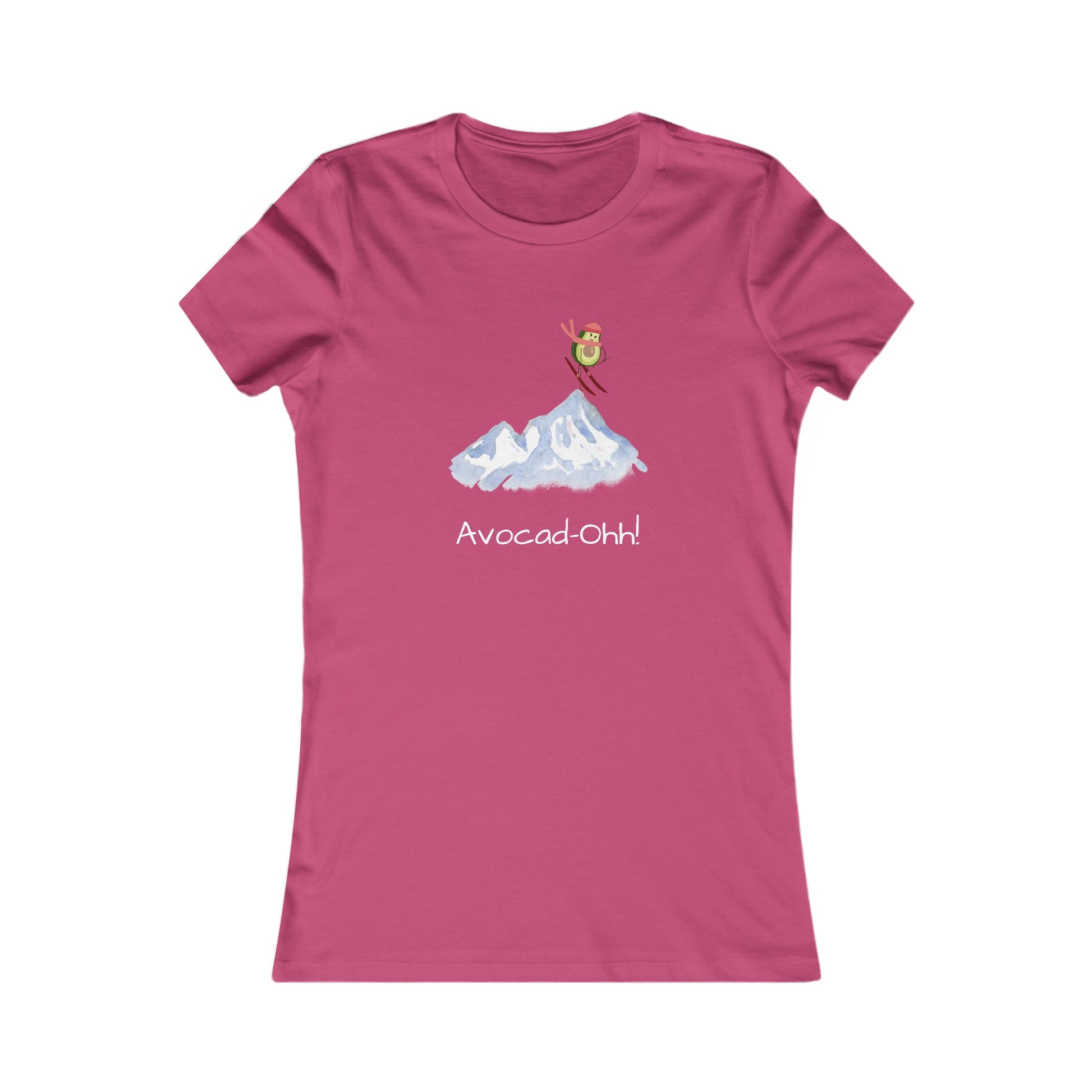 Pink Printify t-shirt featuring avocado lover graphic tee with avocado jumping over mountains design