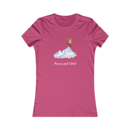 Pink Printify t-shirt featuring avocado lover graphic tee with avocado jumping over mountains design