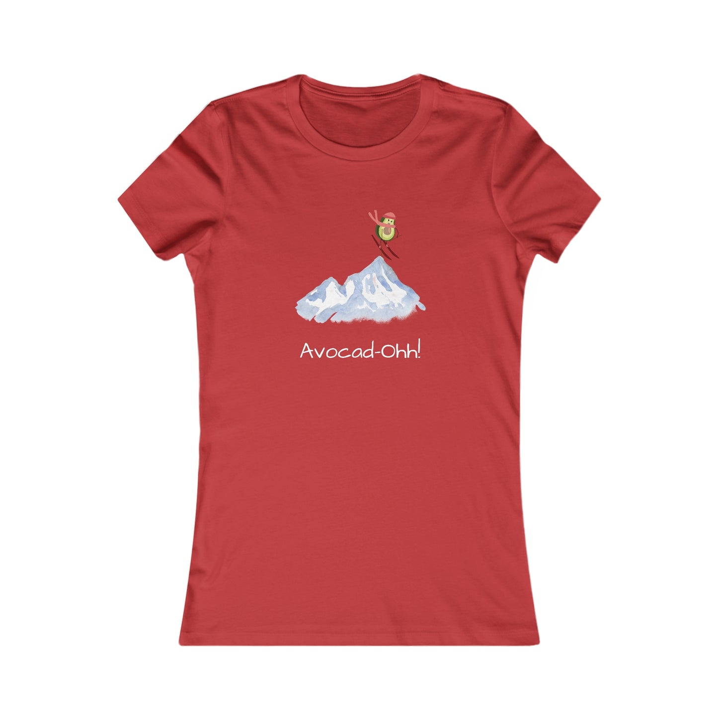 Red avocado lover graphic tee featuring a skiing avocado and mountain design printed by Printify