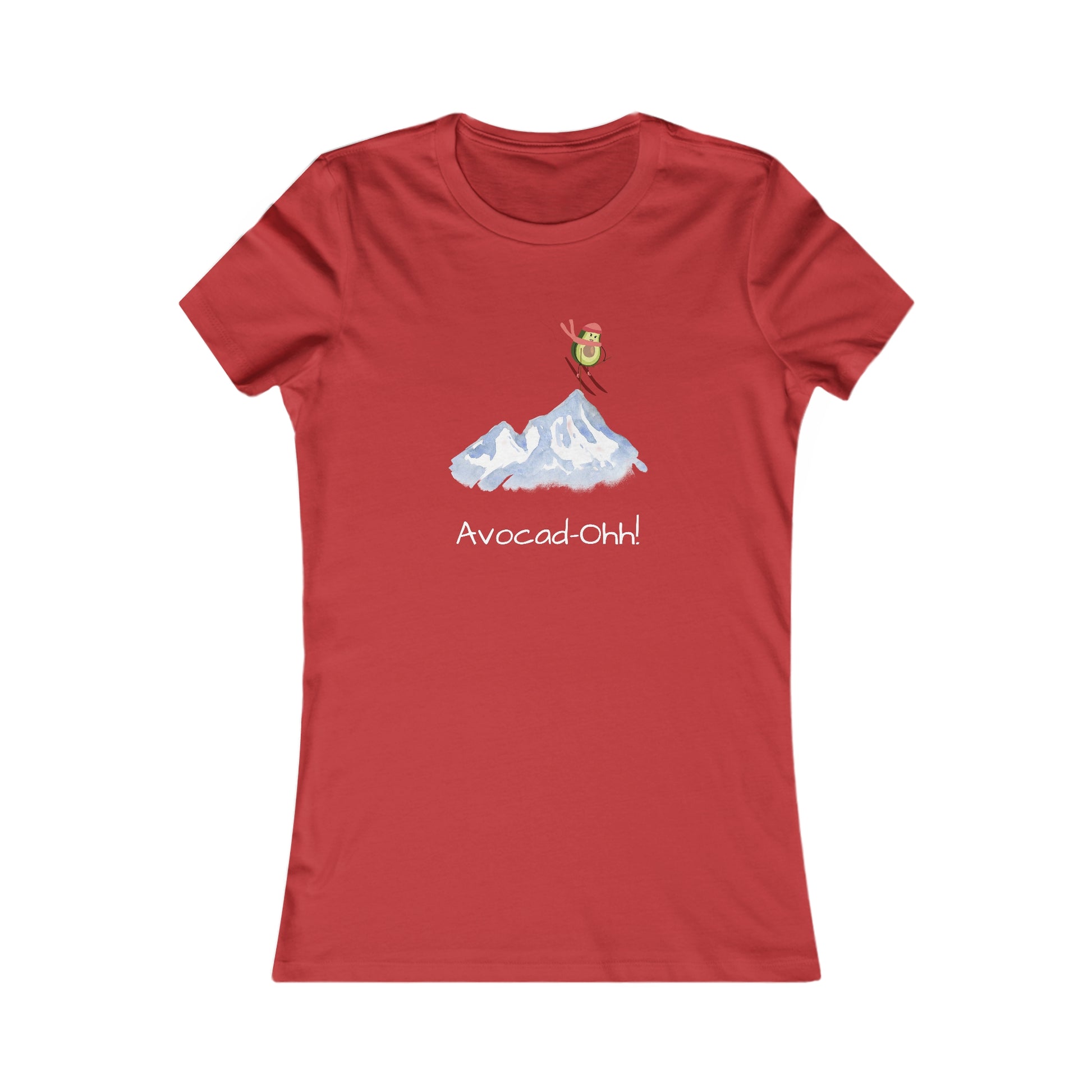 Red avocado lover graphic tee featuring a skiing avocado and mountain design printed by Printify