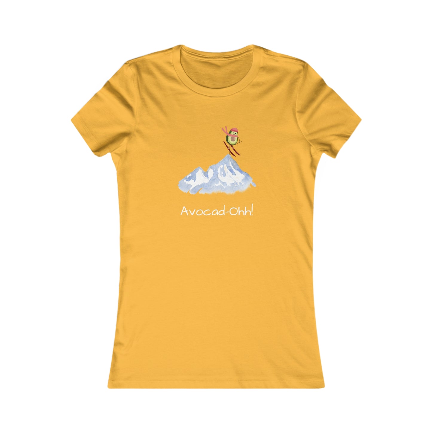 Yellow Printify t-shirt with avocado lover graphic tee design featuring a skiing avocado over mountains