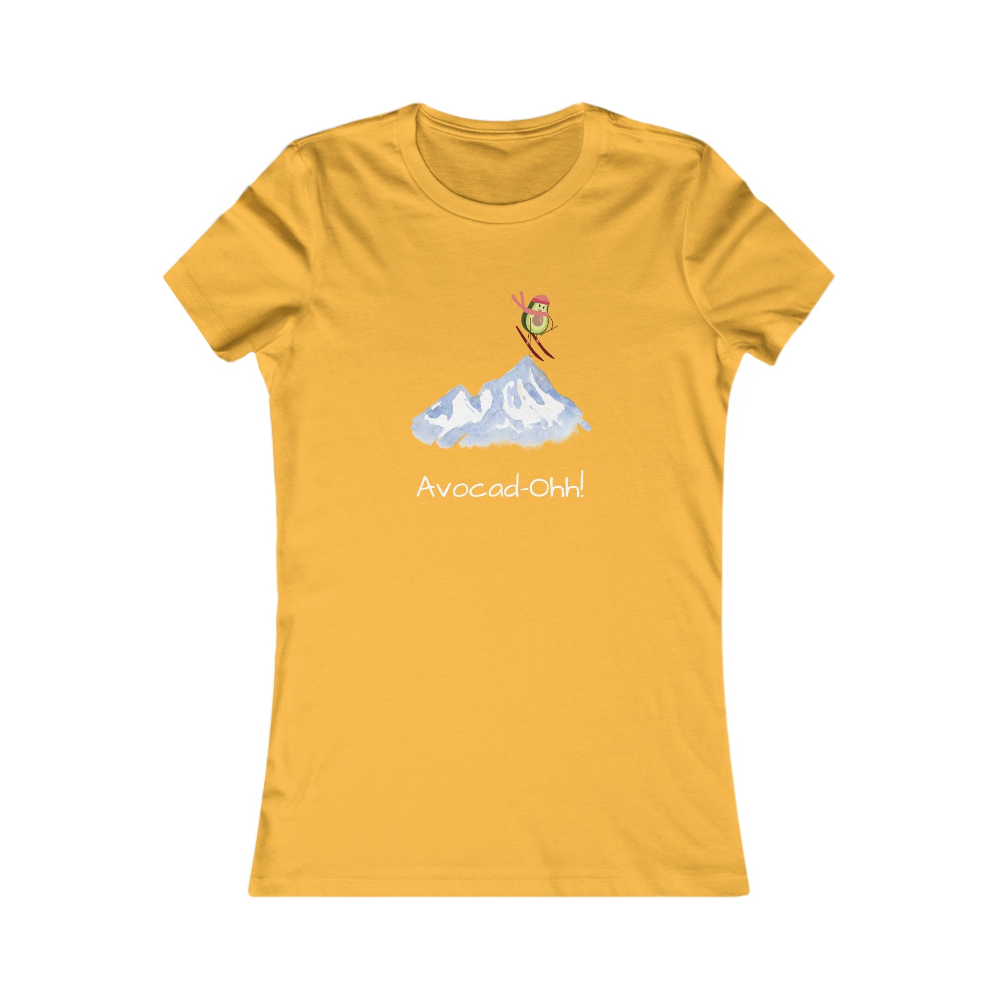 Yellow Printify t-shirt with avocado lover graphic tee design featuring a skiing avocado over mountains