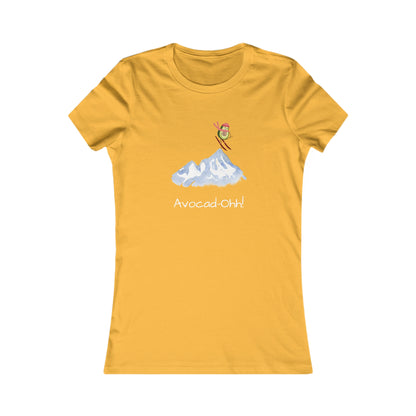Yellow Printify t-shirt with avocado lover graphic tee design featuring a skiing avocado over mountains