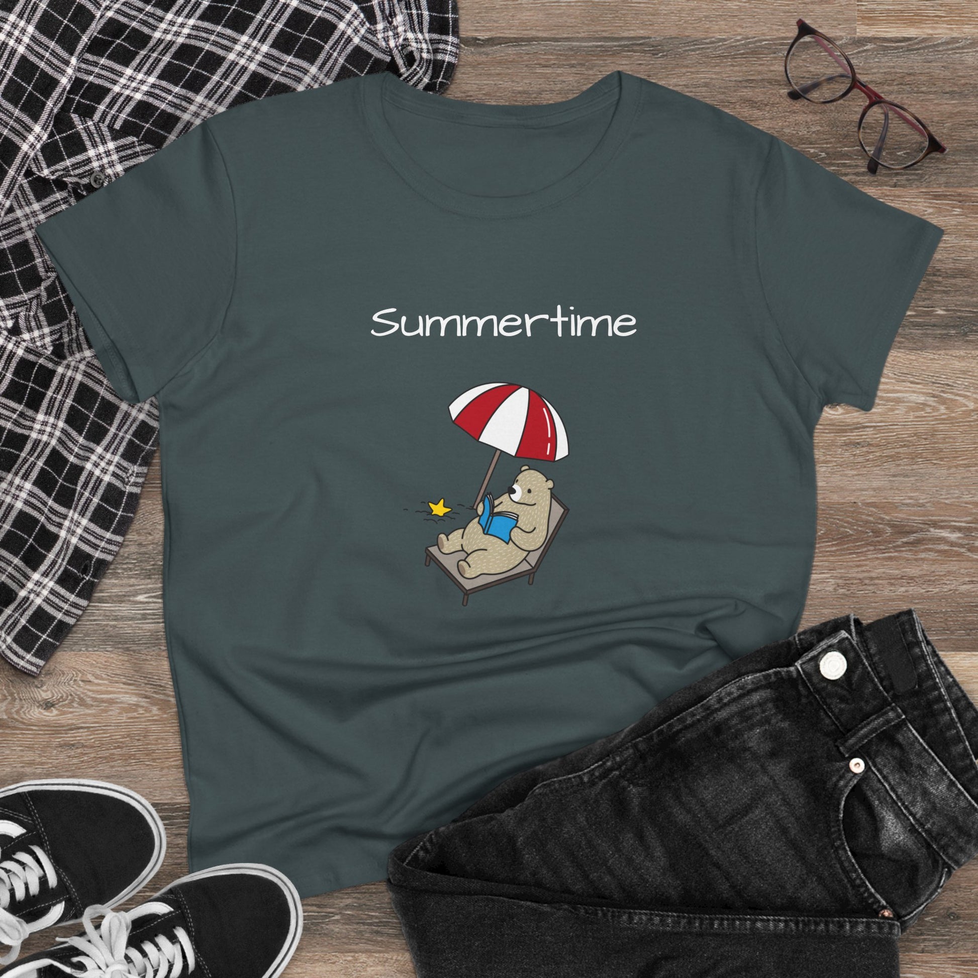 Printify bear graphic t-shirt in gray featuring a bear relaxing under a red and white umbrella with summertime text