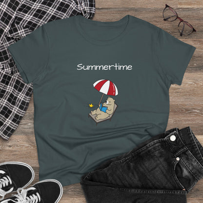 Printify bear graphic t-shirt in gray featuring a bear relaxing under a red and white umbrella with summertime text