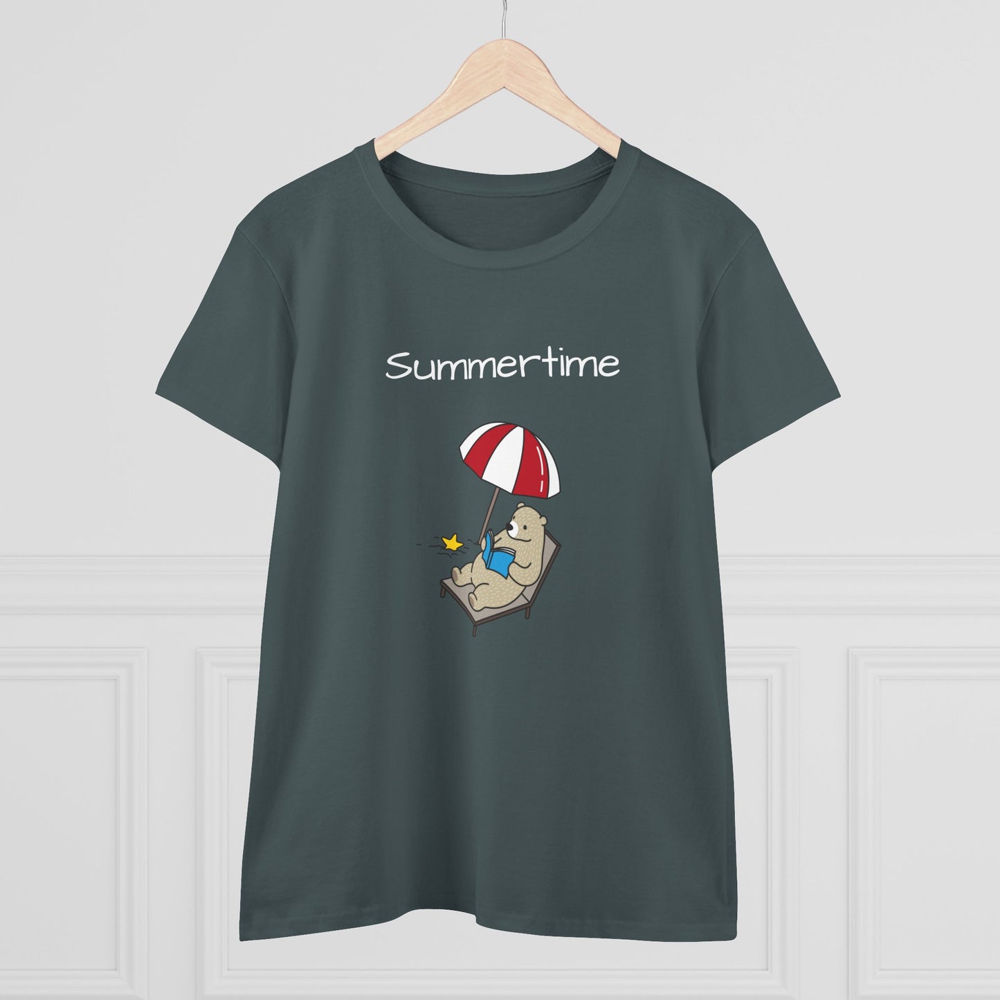 Printify bear graphic t-shirt in dark green featuring a bear relaxing under a red and white umbrella with summertime text