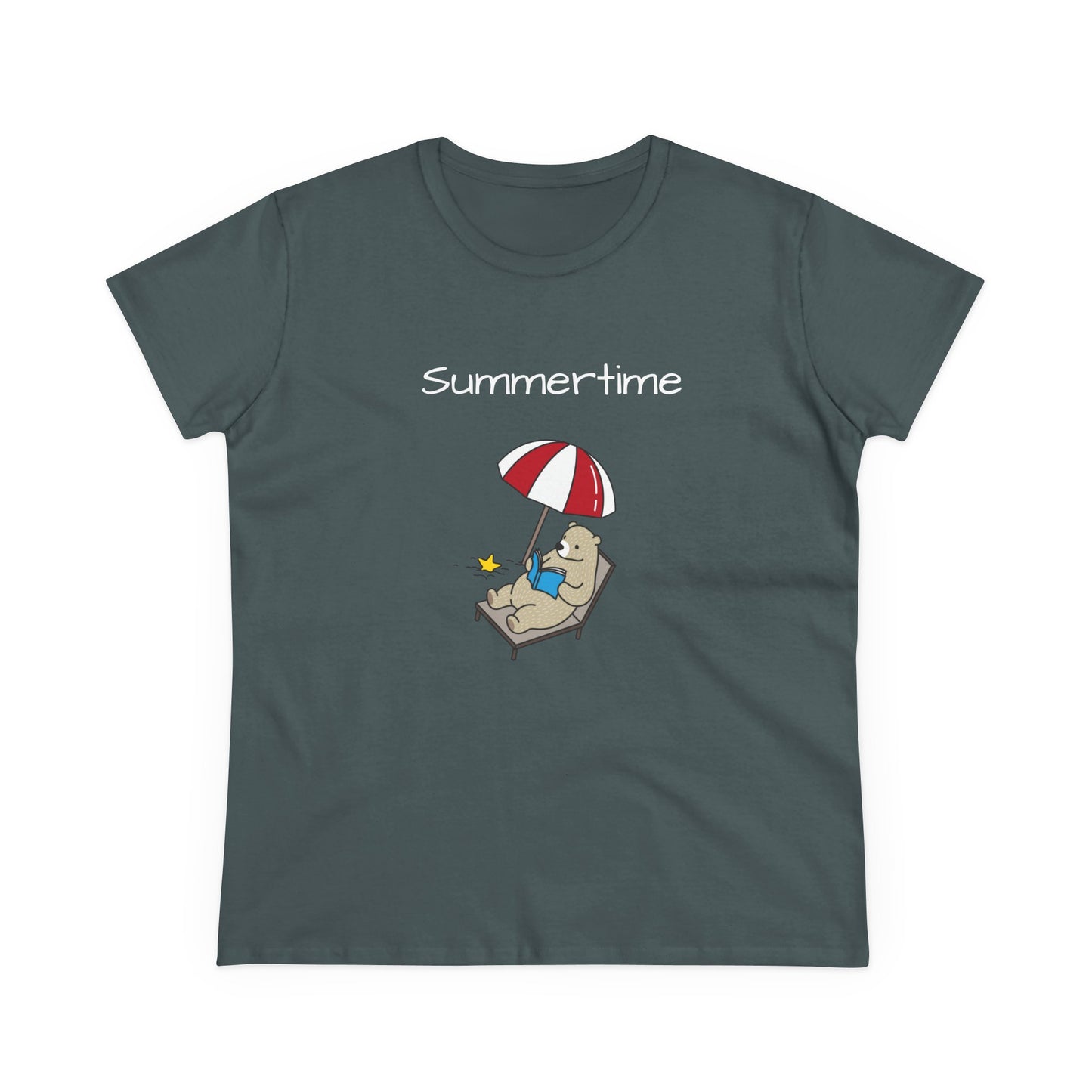 Printify bear graphic t-shirt featuring a bear lounging under a red and white umbrella with summertime text
