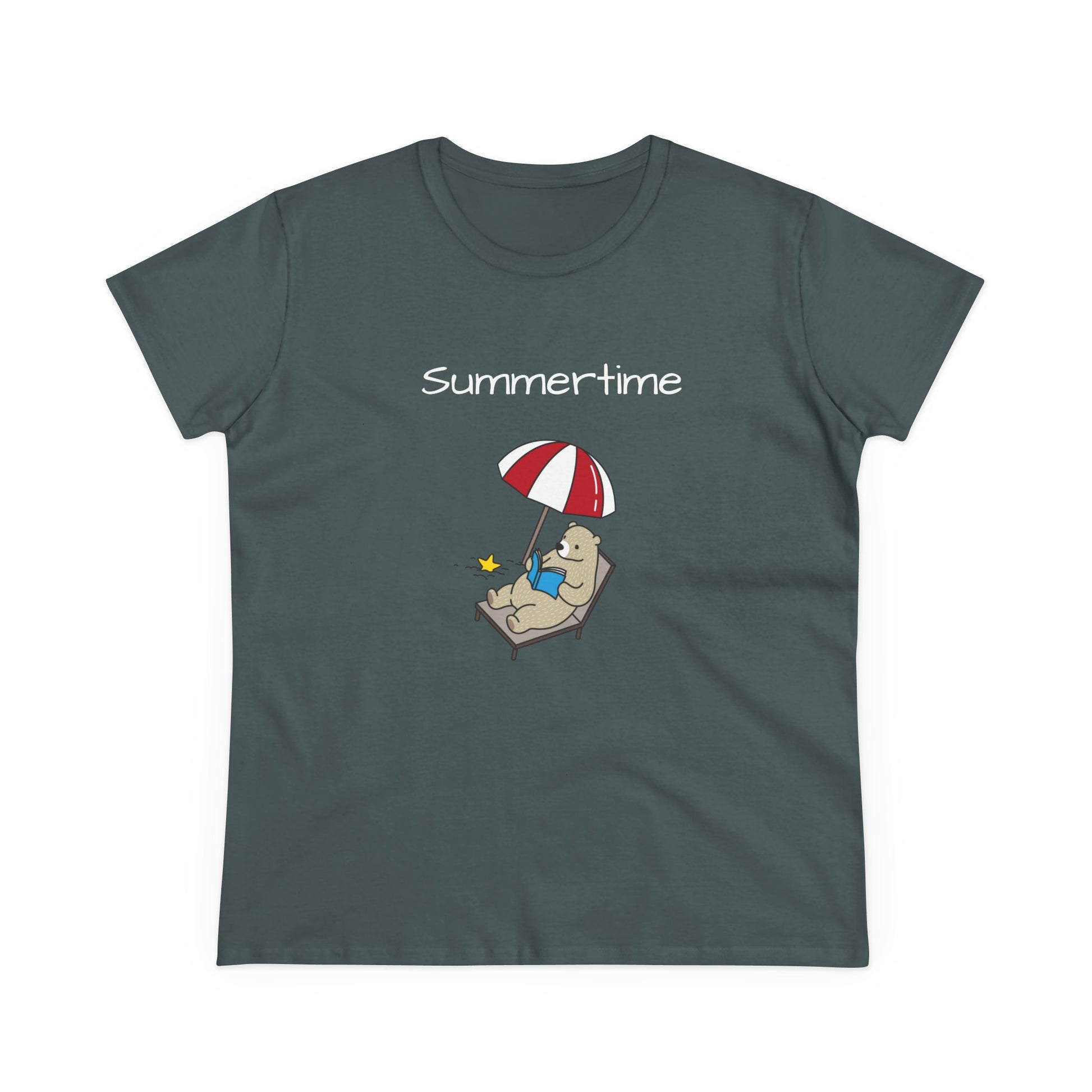Printify bear graphic t-shirt featuring a bear lounging under a red and white umbrella with summertime text