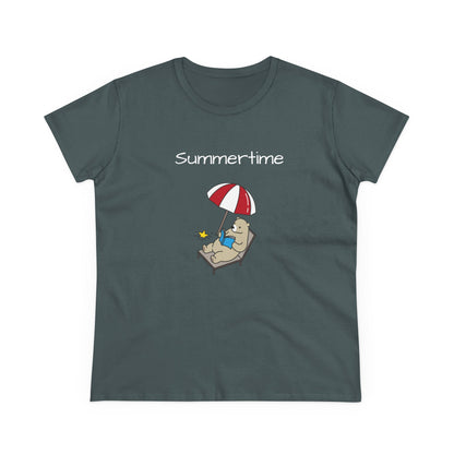 Printify bear graphic t-shirt featuring a bear lounging under a red and white umbrella with summertime text