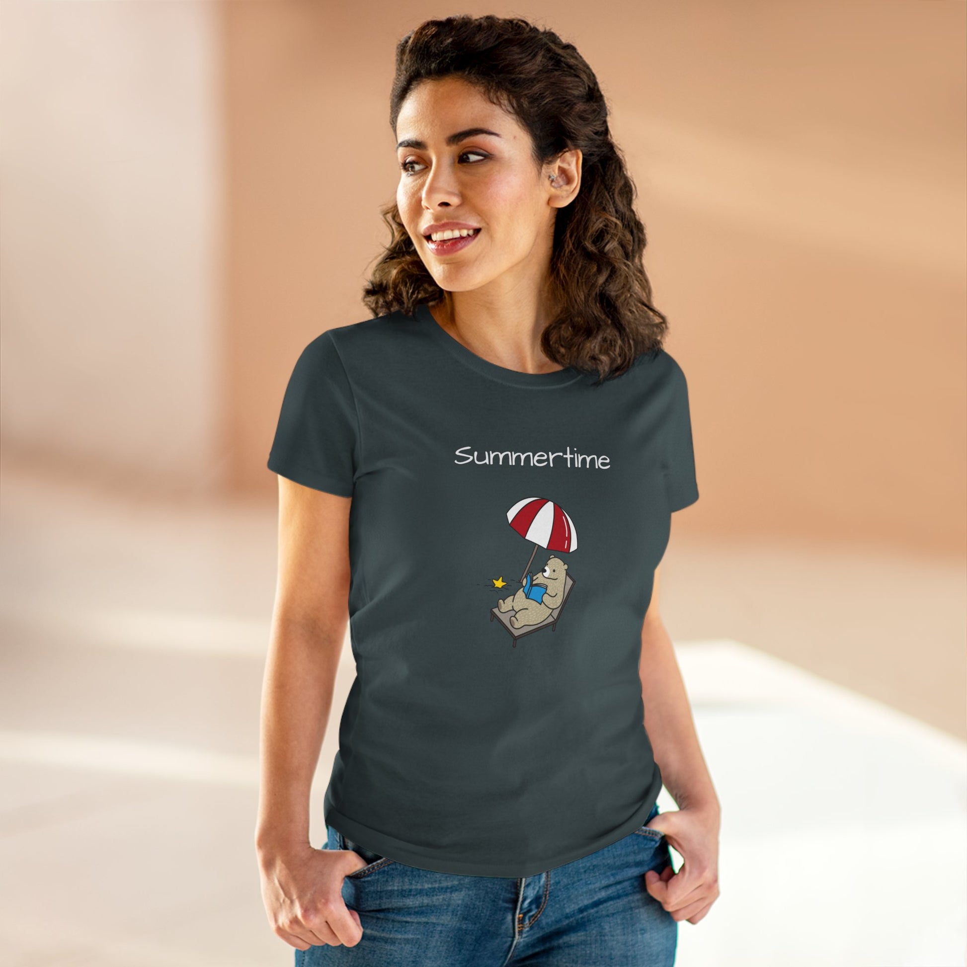 Woman wearing a Printify bear graphic t-shirt with a bear holding an umbrella and summertime text