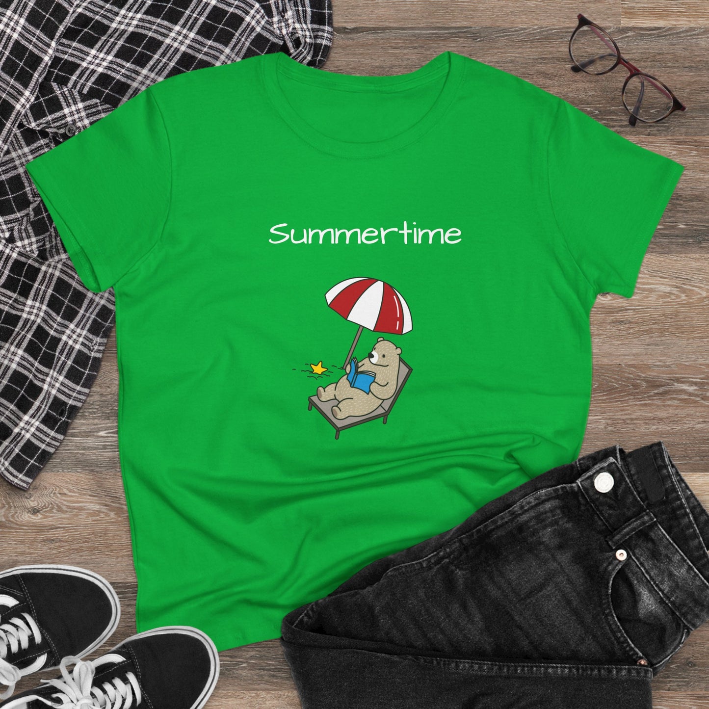 Green bear graphic t-shirt with summertime text and bear relaxing under umbrella on lounge chair