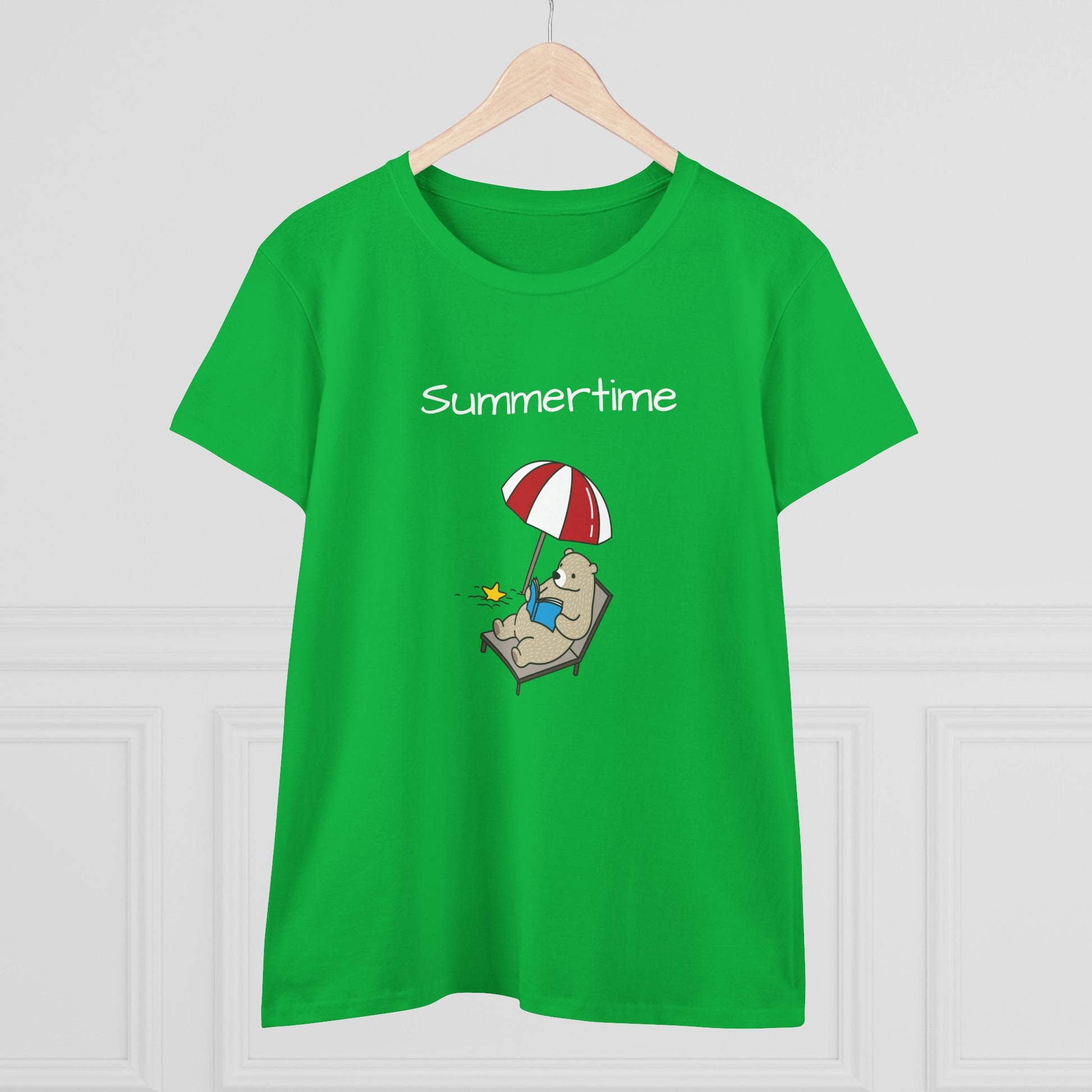 Green bear graphic t-shirt from Printify featuring a relaxing bear under a beach umbrella with summertime text
