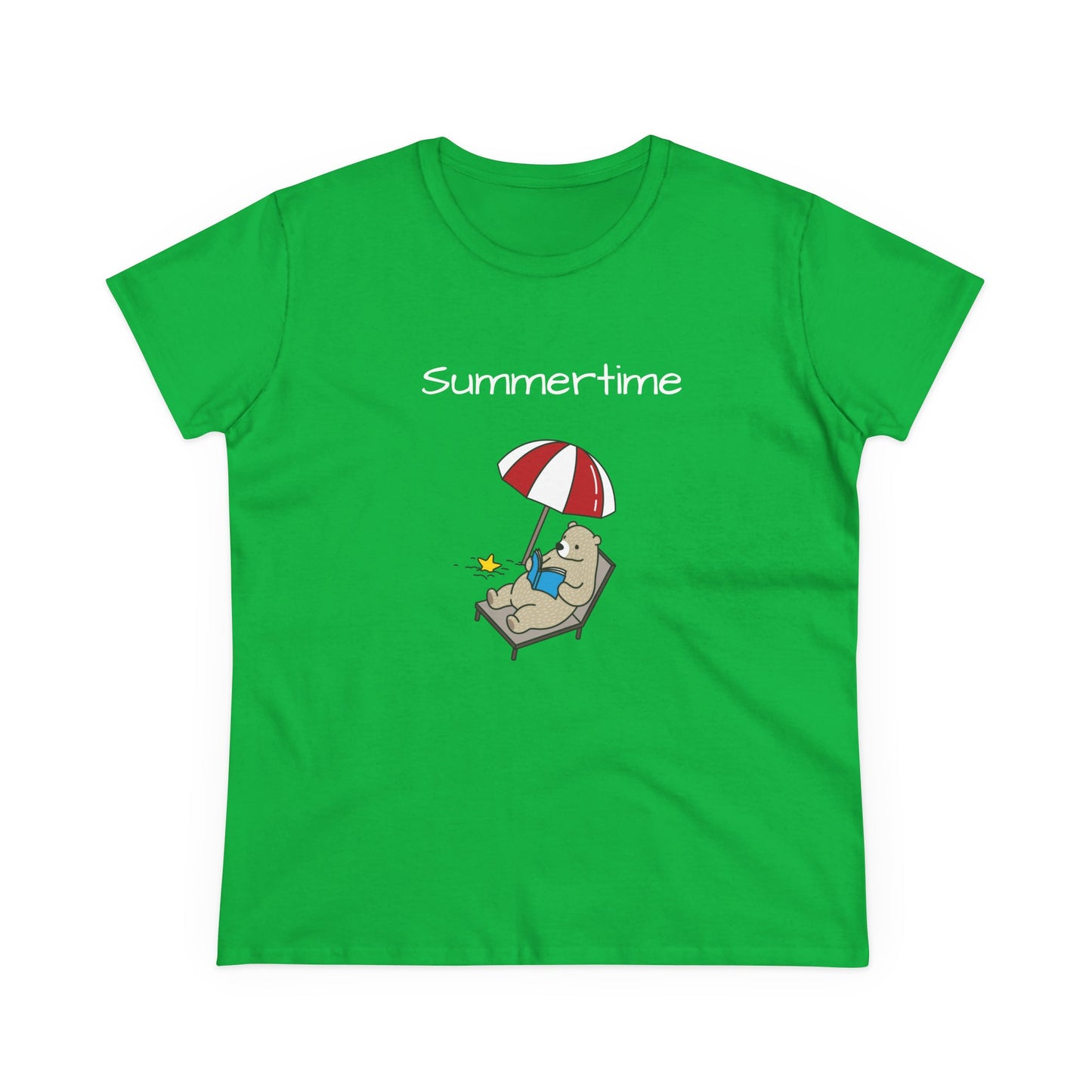Green Printify bear graphic t-shirt with a bear relaxing under an umbrella and summertime text