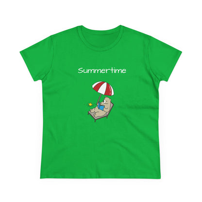 Green Printify bear graphic t-shirt with a bear relaxing under an umbrella and summertime text