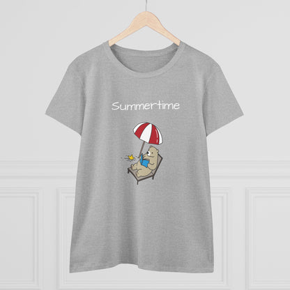 Printify gray bear graphic t-shirt with bear lounging under beach umbrella and summertime text