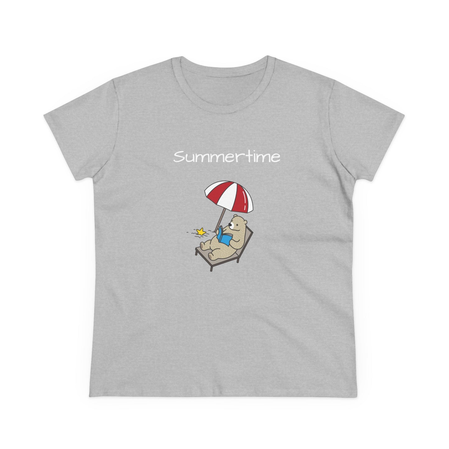Gray bear graphic t-shirt with a bear lounging under a red and white umbrella and text summertime