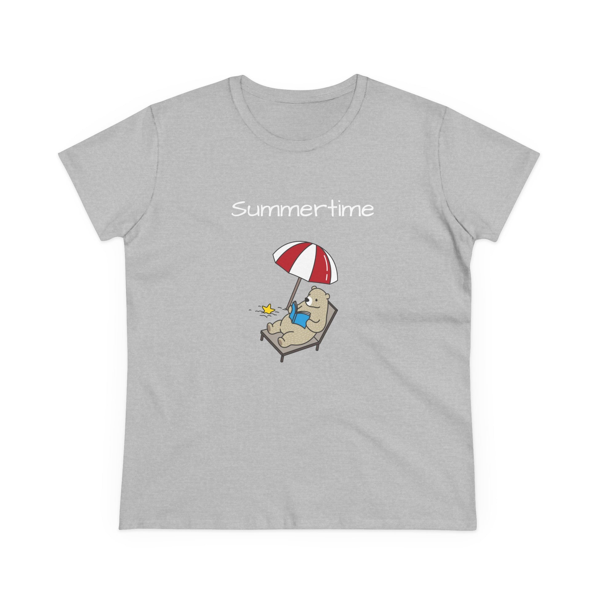 Gray bear graphic t-shirt with a bear lounging under a red and white umbrella and text summertime