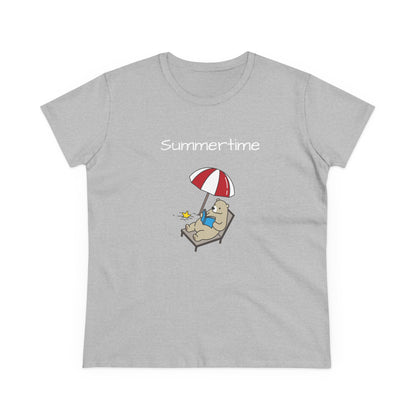 Gray bear graphic t-shirt with a bear lounging under a red and white umbrella and text summertime