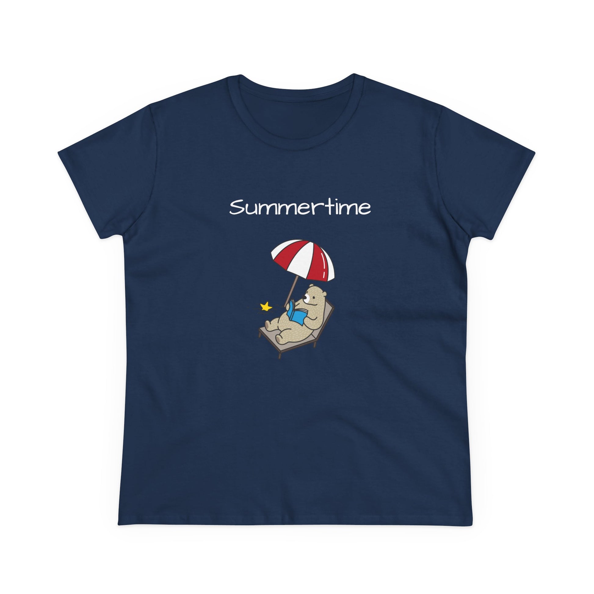 Navy Printify bear graphic t-shirt with a lounging bear under a red and white umbrella and summertime text