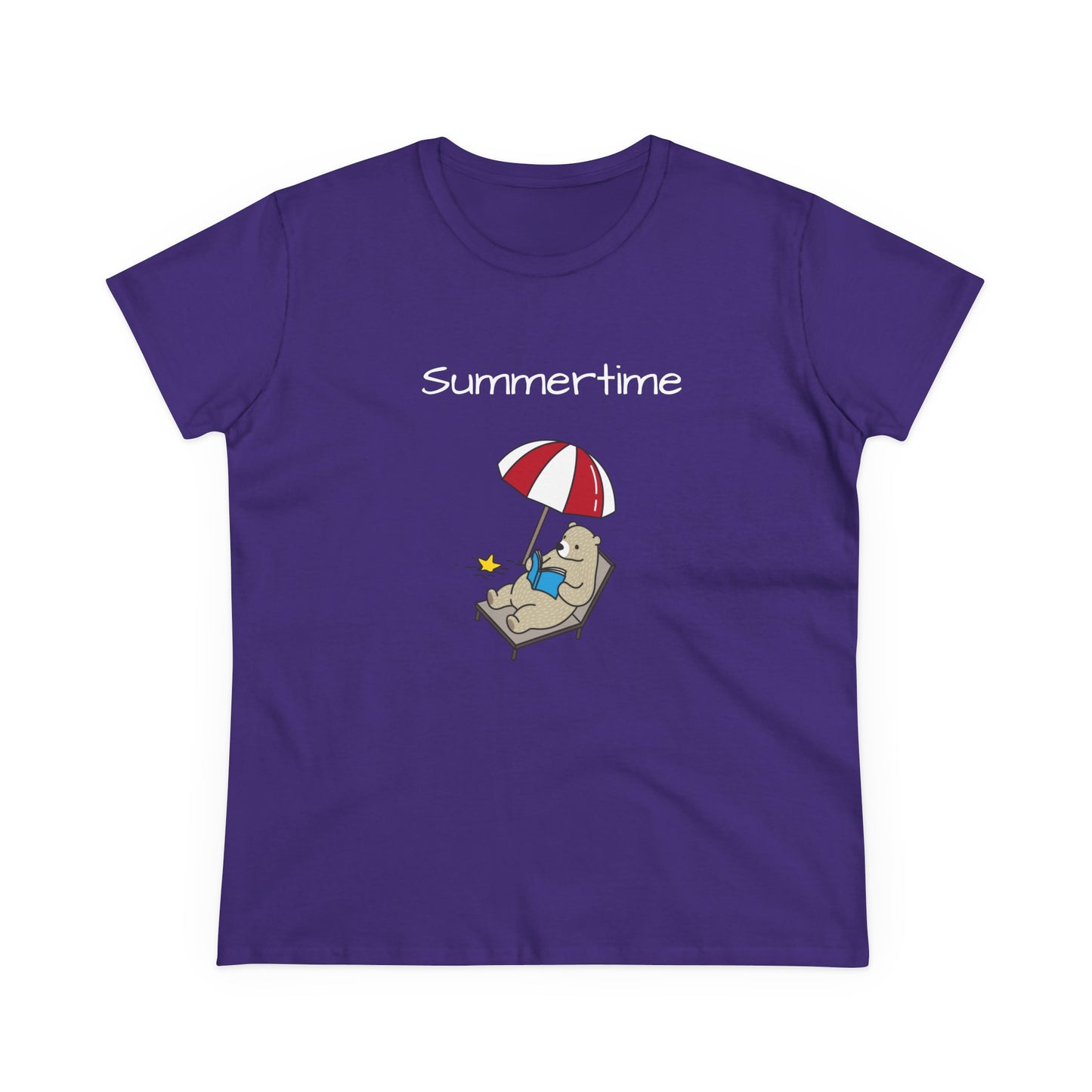 Purple bear graphic t-shirt with a bear lounging under a red and white umbrella and summertime text